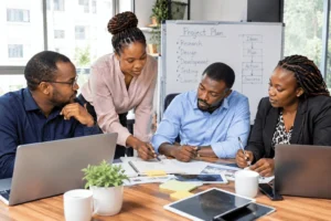 A team collaborating on a project plan